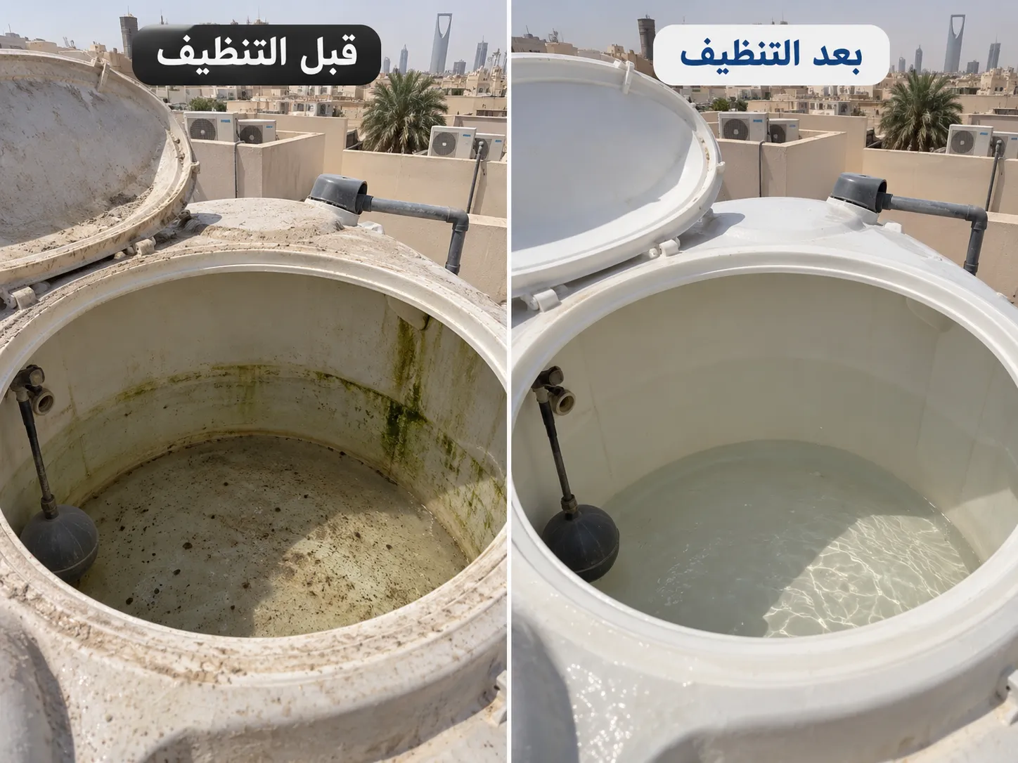 صورة الجدران الداخلية والطحالب قبل التنظيف وبعد التنظيف تنظيف خزان فيبر جلاس علوي في حي الملقا الرياض
