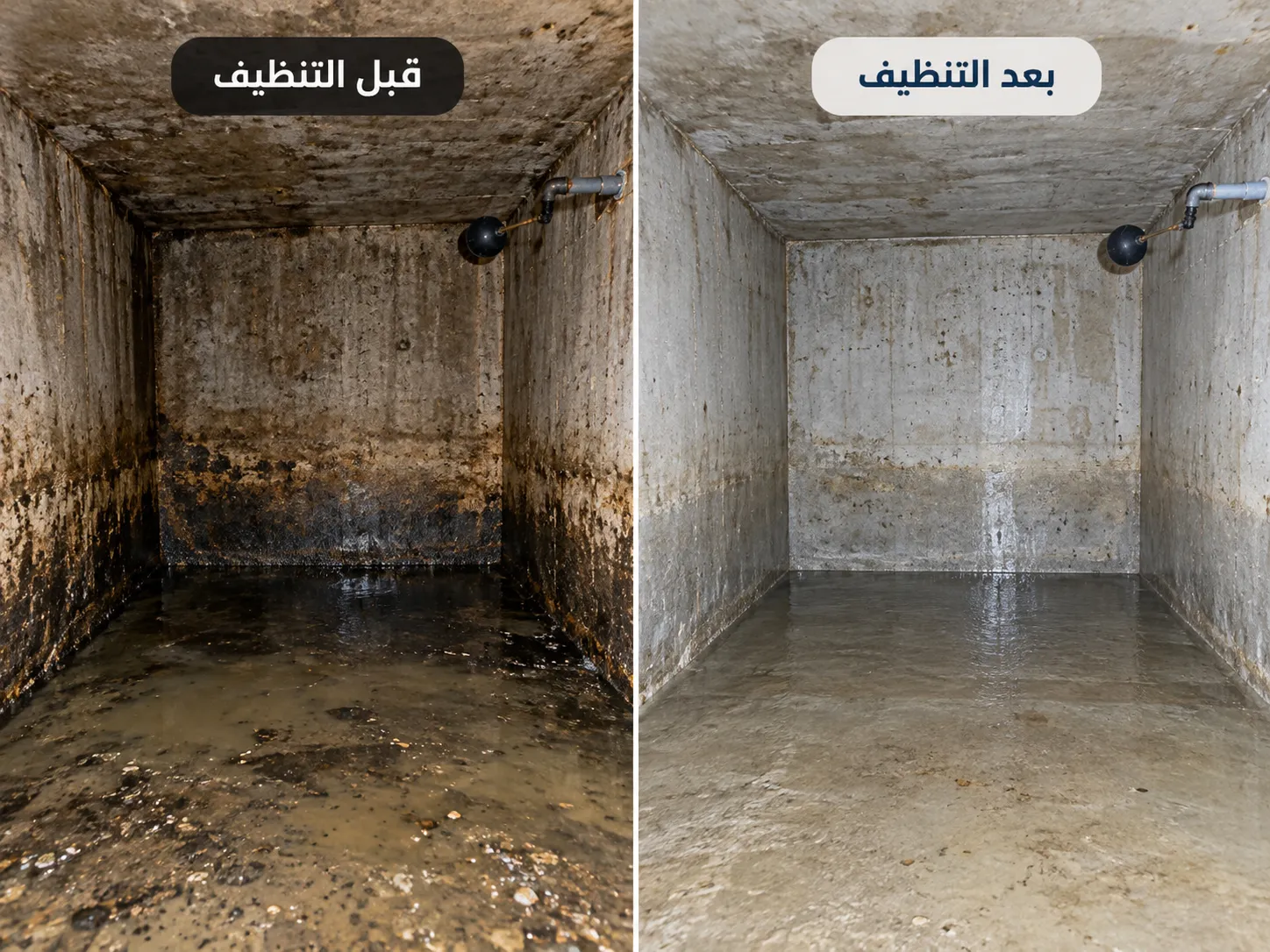 صورة لقاع الخزان والرواسب قبل التنظيف وبعد التنظيف بنماذج من أعمال شركة كلينر لتنظيف الخزانات داخل الرياض