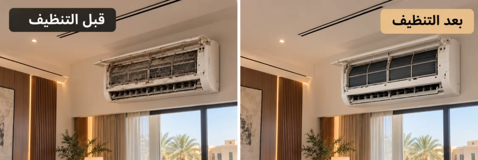 صورة للمكيف قبل التنظيف وبعد التنظيف تنظيف تنظيف مكيفات شقة قبل السكن في حي الملقا الرياض