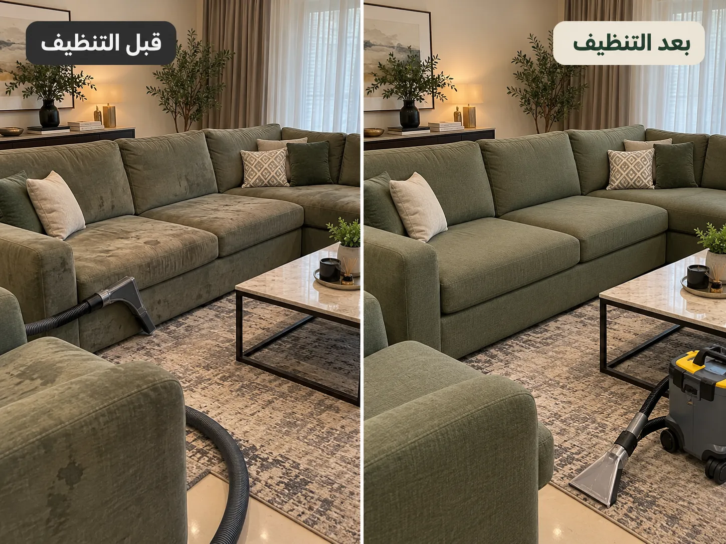 صورة الكنب والبقع قبل التنظيف وبعد التنظيف لكنب فاتح به بقع مشروبات في حي النرجس الرياض