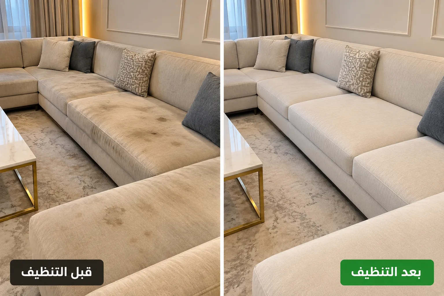 صورة المجلس قبل الغسيل وبعد التنظيف لمجلس حديث قبل مناسبة في حي الملقا – الرياض