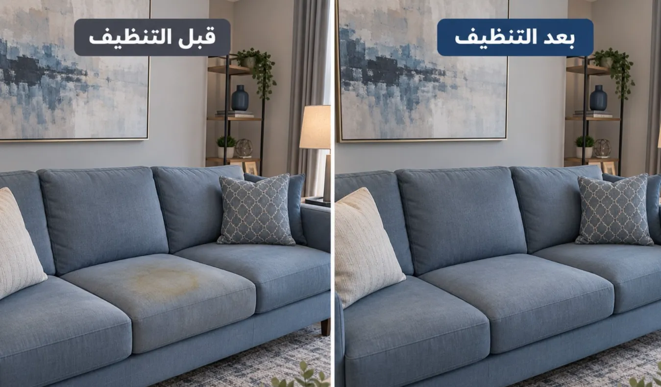 قبل وبعد تنظيف الأريكة تنظيف كنب بعد بقعة بول ورائحة في حي الملقا الرياض