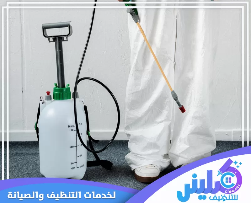 عامل بملابس واقية ينفذ عملية رش مبيدات داخلية باستخدام خزان وأداة رش متخصصة.