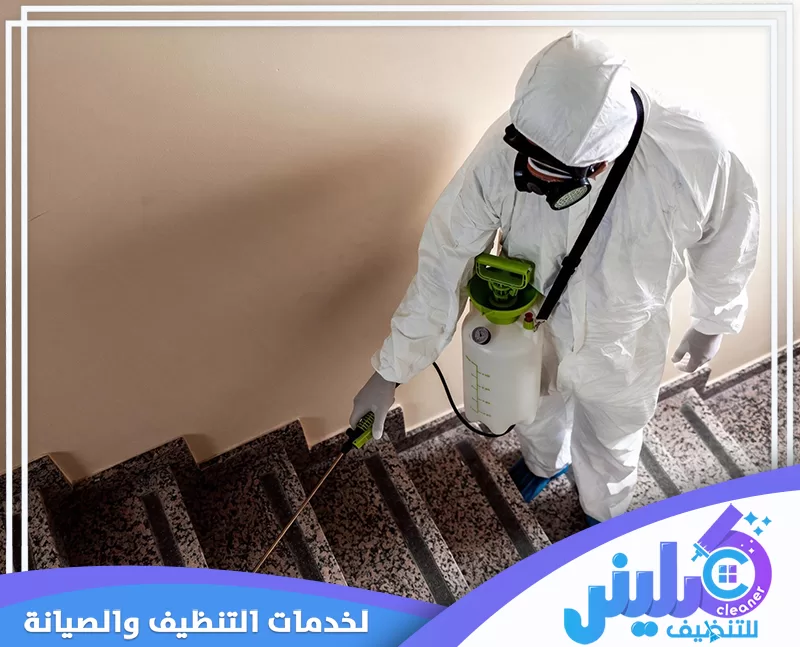 عامل بملابس حماية يستخدم بخاخ مبيدات لمعالجة السلالم والزوايا ضد الحشرات.