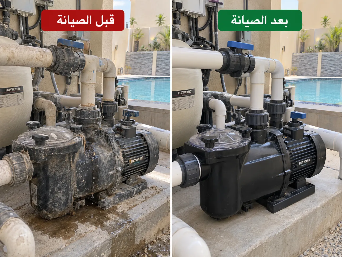 صورة المضخة قبل الصيانة وبعد الصيانة لإصلاح مضخة مسبح ضعيفة السحب في حي الملقا الرياض