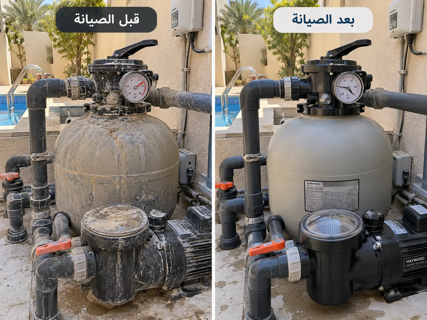 صورة الفلتر أو العداد قبل الصيانة وبعد الصيانة لفلتر مسبح في حي النرجس الرياض