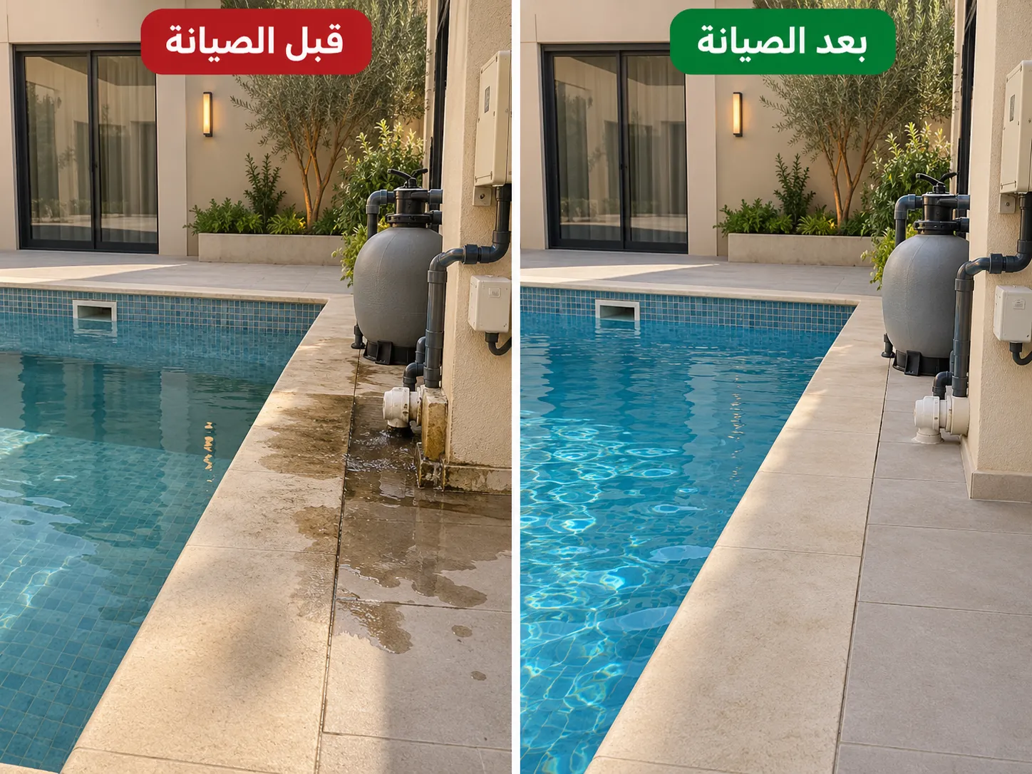 صورة مكان الرطوبة قبل الصيانة وبعد الصيانة لمعالجة تسرب مياه في مسبح بحي حطين الرياض