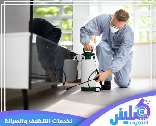 فني شركة كلينر بالمدينة المنورة أثناء رش المبيدات في الأماكن الضيقة خلف الأجهزة والأثاث باستخدام مرشة يدوية، مع التركيز على النقاط الحرجة للقضاء على الحشرات المختبئة. هذا الاهتمام بالتفاصيل يضمن حماية طويلة الأمد ضد الآفات المنزلية.