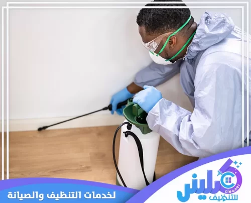 عمال المكافحة أثناء رش المبيدات بدقة على طول خط التقاء الجدار بالأرضية، وهو يرتدي قفازات وقناعًا واقيًا. استخدامه لعصا رش طويلة يضمن فعالية العمل دون التعرض المباشر للمبيدات، مما يضمن القضاء على مصدر المشكلة وحماية منزلك في المدينة المنورة.
