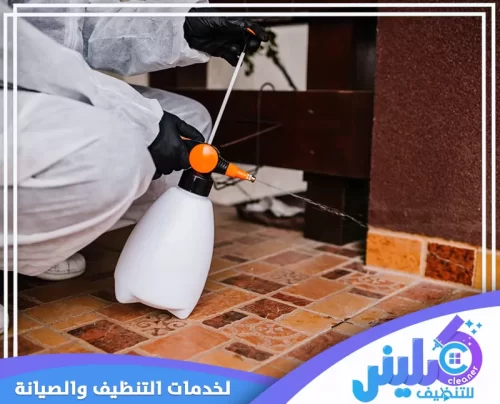 فني من شركة كلينر للتنظيف أثناء رش المبيدات في أحد الأماكن باستخدام مرشة يدوية. الفني يرتدي زي الحماية الكامل لضمان سلامته وسلامة المكان. هذه الخدمة جزء من مكافحة الحشرات التي تقدمها الشركة في المدينة المنورة لضمان بيئة آمنة ونظيفة.