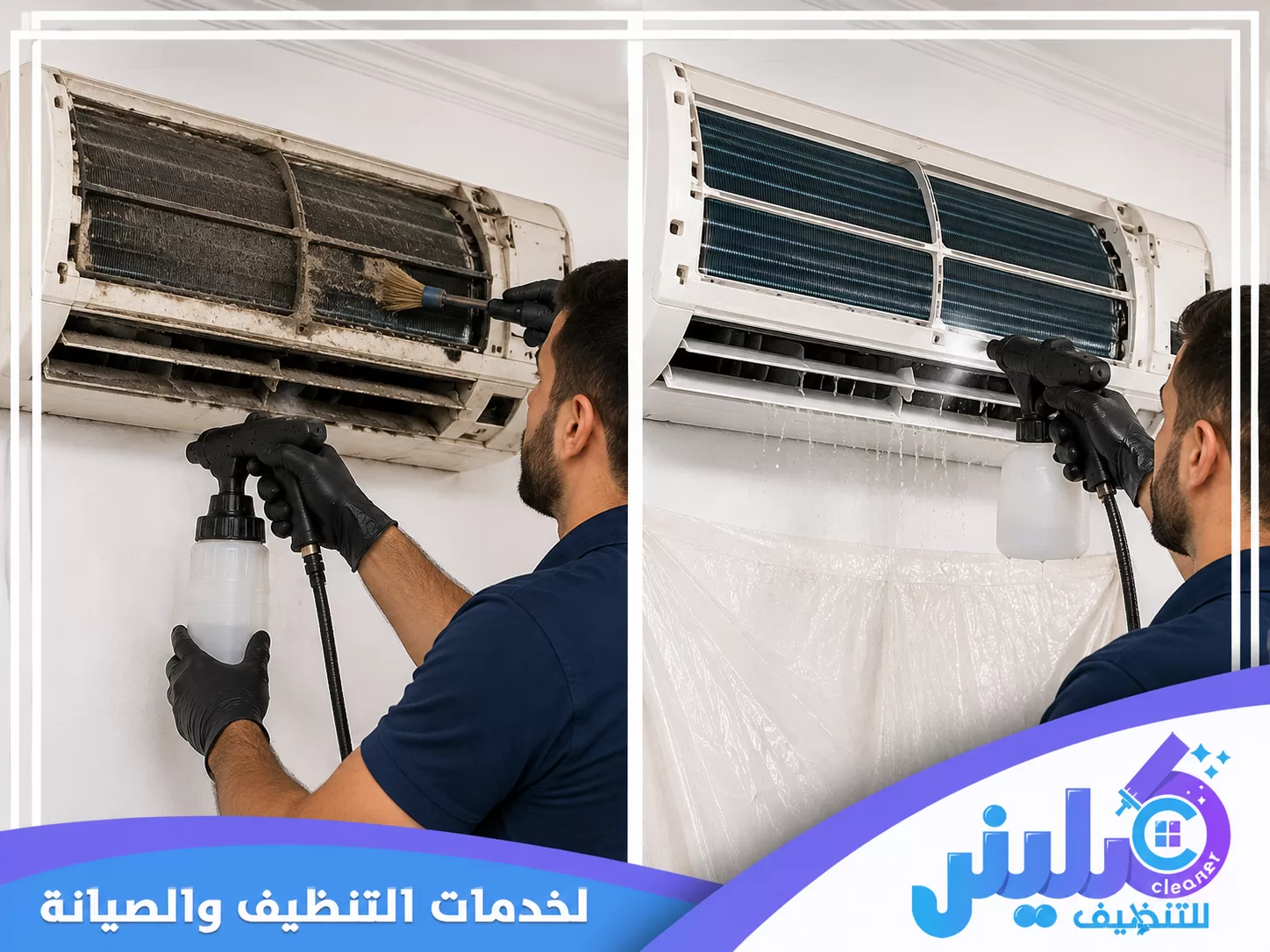 شركة تنظيف مكيفات بالدمام 0500892799 شركة كلينر تنظيف مكيفات بالدمام يوضح فني ينظف مكيف سبليت بالفرشاة وجهاز الرش مع إظهار الفرق قبل وبعد التنظيف.