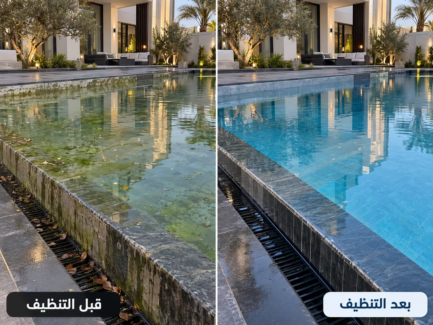 صورة لحالة المسبح قبل التنظيف وبعد التنظيف تنظيف مسبح به طحالب في حي الملقا الرياض