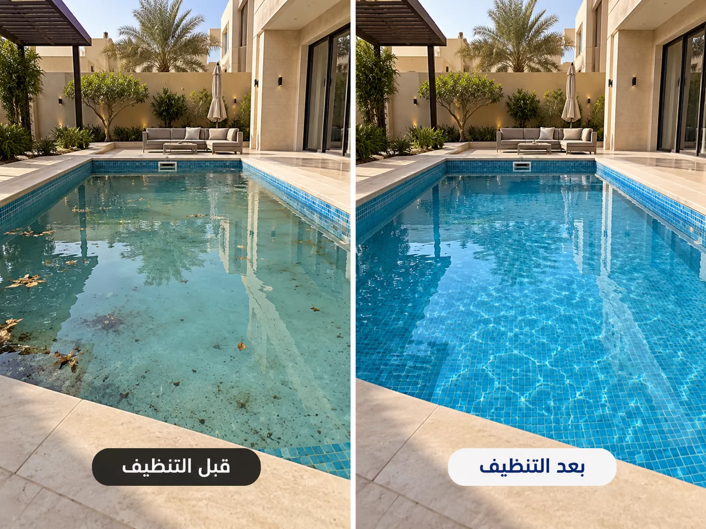 صورة لحالة المسبح قبل التنظيف وبعد التنظيف تنظيف مسبح بعد فترة توقف في حي حطين الرياض
