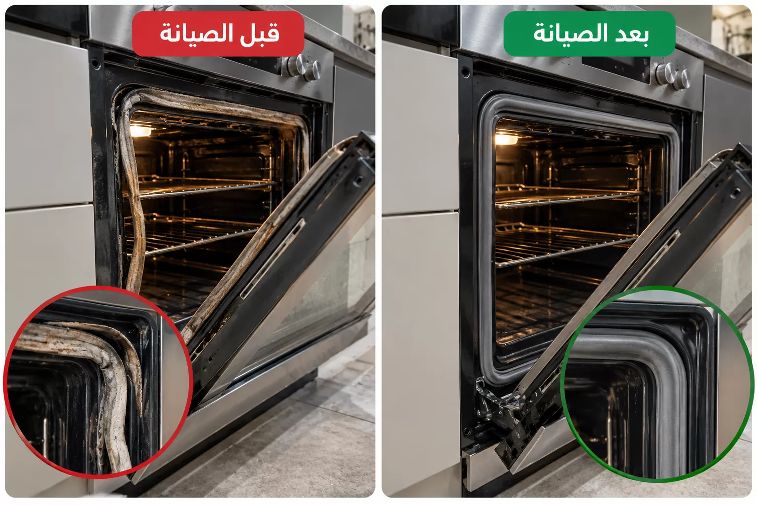 صورة للجزء المتضرر قبل الصيانة وبعد الصيانة إصلاح باب فرن لا يغلق بإحكام في حي حطين الرياض